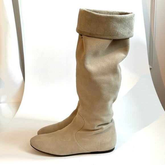 Gucci Beige Suede Foldover Monogram-Cuff Tall Boots - Picture 1 of 10